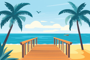 Wall Mural - Beach with palm trees and a wooden bridge over the sea background vector illustration