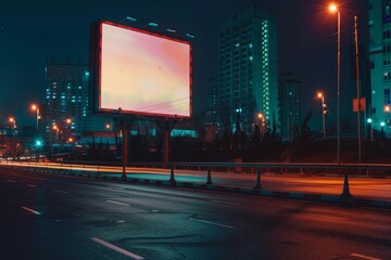 Poster - Large blank billboard glowing over an empty city street at night, with blurred car lights