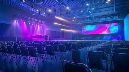 Modern conference hall set for tech event with ambient neon lighting