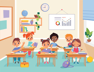 Poster - Children at School Sit at Desk Have Lesson Vector Illustration