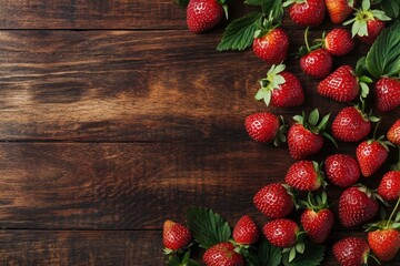 top view of wooden table strawberry fruit composition, one color background and copy space with generative ai