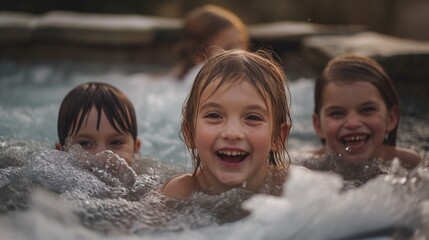 Children having fun playing together in hot tub