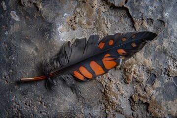 Single orange and black feather is lying on a dark colored stone surface