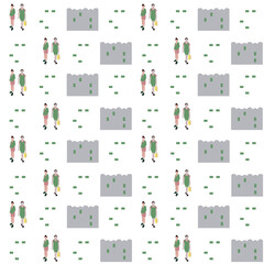 Wall Mural - Pattern with people. A girl is walking down the street. Vector flat city infographics. 2D image to use as entourage.