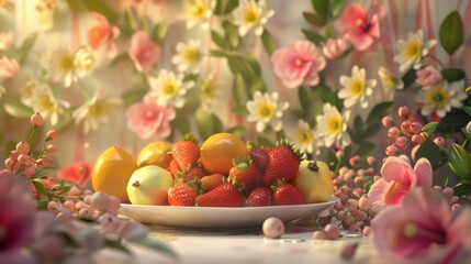 Sticker - A Bowl of Strawberries, Lemons, and Limes Surrounded by Flowers