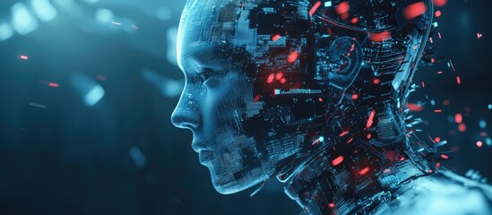 Poster - Futuristic 3D rendering of robotic and cyborg advancements for enhanced human living Digital data analysis and AI driven machine learning technology for intelligent systems