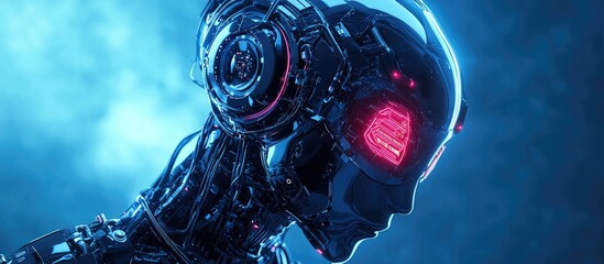 Poster - Futuristic 3D rendering of advanced robotic technology highlighting artificial intelligence and machine learning concepts Innovative research in bionic science for the future of humanity