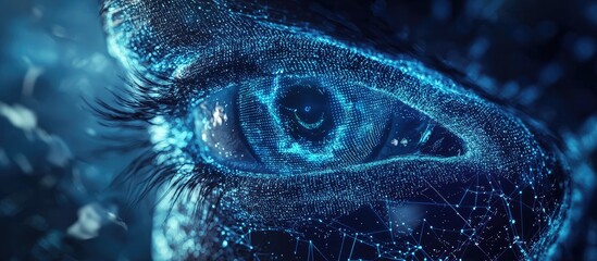 Poster - Futuristic artificial intelligence concept featuring a digital eye in dark blue Abstract representation of biometric security screening through iris recognition 3D rendering
