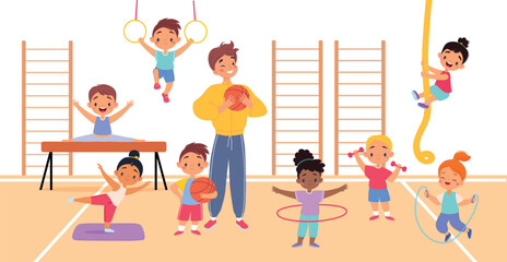 Sticker - Children Trainer Teach Sport Lesson with Little Kids Vector Illustration