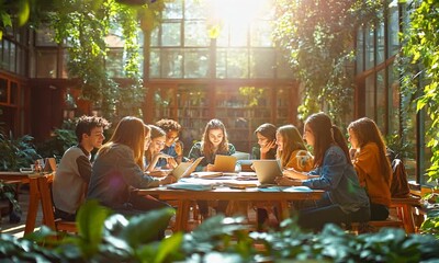 Poster - Group of students studying together in a library with large windows and sunlight streaming in.