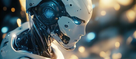 Poster - Futuristic 3D rendering of advanced robotic technology showcasing themes of artificial intelligence and machine learning Innovative research in bionic science for the future of human life