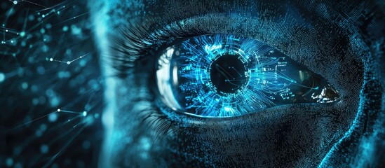 Poster - Futuristic artificial intelligence concept featuring a digital eye in dark blue Abstract representation of biometric security screening through iris recognition 3D rendering