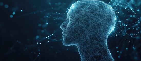 Aufkleber - Fractal human head shape with interconnected lines and dots on a dark blue background representing advanced technology biological innovation and revolutionary information processing 3D rendering