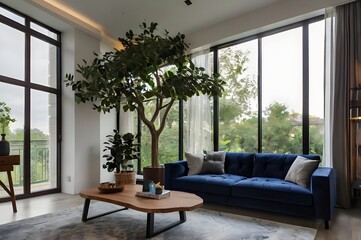 Wall Mural - Modern living room with big  windows and dark blue sofa