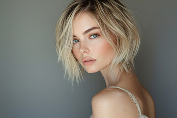 Wall Mural - a photo of beautiful blonde woman with short hair, shoulder length bob haircut, wearing makeup with enpty copy space