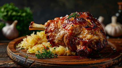 Wall Mural - Delicious roasted pork knuckle served on wooden platter with sauerkraut