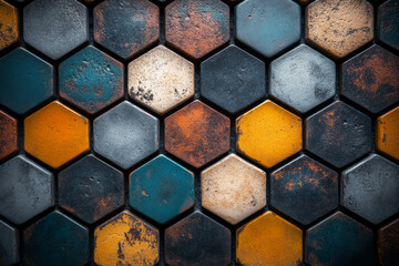 Poster - Minimalist design featuring a geometric pattern with tessellated hexagonal tiles in muted colors,