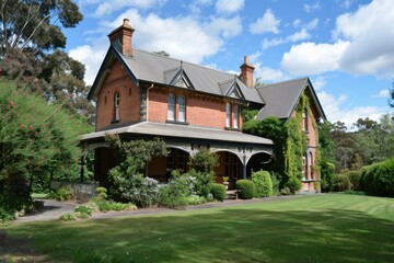 Sticker - Beautiful red brick victorian house with wrap around porch is surrounded by a lush green lawn and garden