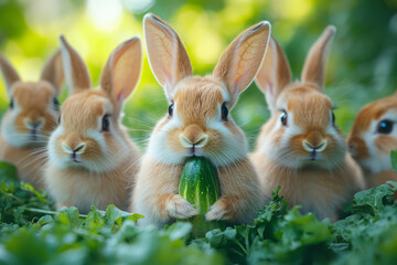 Poster - A group of friendly rabbits nibbling on fresh vegetables in their cozy hutch,