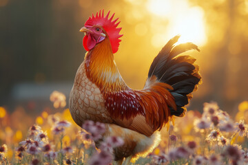 Poster - A cheerful rooster crowing at sunrise, with the farm waking up around him,