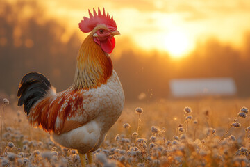 Poster - A cheerful rooster crowing at sunrise, with the farm waking up around him,