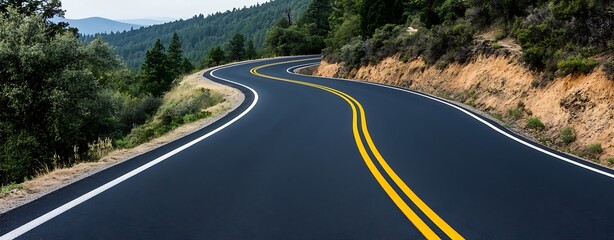 Wall Mural - semi close-up of a scenic road with gentle curves, no people, copy space, more clarity with clear li