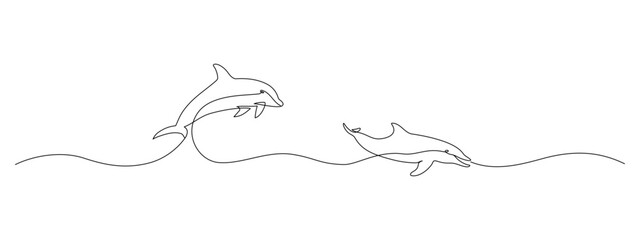 Wall Mural - One continuous line drawing of couple of dolphin. Sea animal in wildlife in simple linear style. Summer concept in Editable stroke. Doodle vector illustration