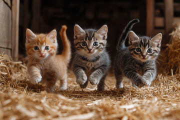 Wall Mural - A trio of playful kittens chasing each other around the barn, with joyful meows and purrs,