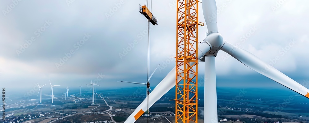 Tower crane lifting a wind turbine blade, renewable energy project Tall ...