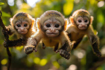 Poster - A family of capuchin monkeys swinging from vine to vine, with joyful expressions on their faces,
