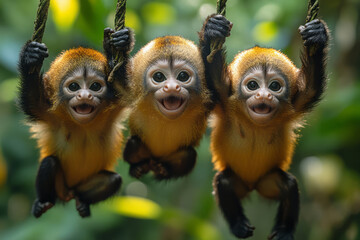 Poster - A family of capuchin monkeys swinging from vine to vine, with joyful expressions on their faces,