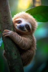 Poster - A lazy sloth hanging from a tree branch, enjoying the tranquil atmosphere of the rainforest,