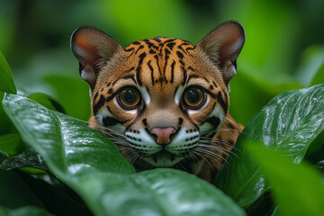 Poster - A curious ocelot prowling through the underbrush, with its eyes gleaming with excitement,