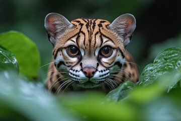 Poster - A curious ocelot prowling through the underbrush, with its eyes gleaming with excitement,