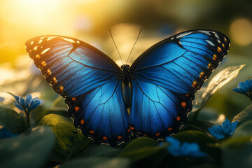 Aufkleber - a vibrant blue morpho butterfly fluttering gracefully through the rainforest, basking in the sunligh