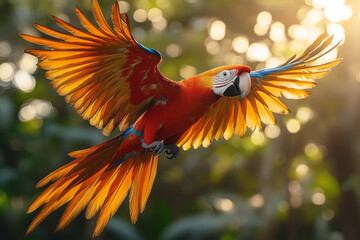 Poster - A colorful macaw flying through the trees, its feathers glistening in the sunlight,