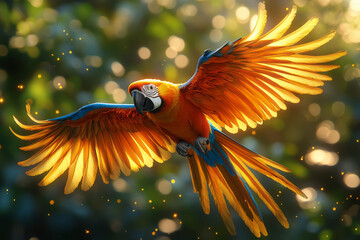 Aufkleber - A colorful macaw flying through the trees, its feathers glistening in the sunlight,