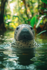 Poster - A peaceful manatee gliding through a calm river, surrounded by tropical plants,