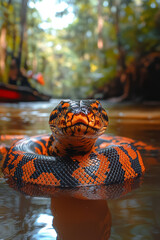 Poster - A majestic anaconda basking in the sun by a riverbank, feeling strong and at ease,