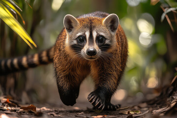 Poster - A curious coati sniffing around for food, with a joyful bounce in its step,