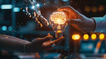 A Human Hand and Robotic Hand Sharing a Light Bulb with a Brain Inside