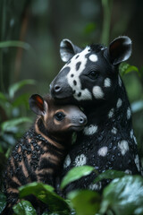 Poster - A gentle tapir calf nuzzling its mother, feeling loved and protected in the dense jungle,