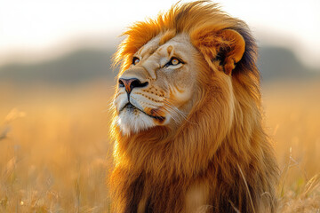 Aufkleber - A majestic lion basking in the sun, surrounded by golden grasses of the savannah,