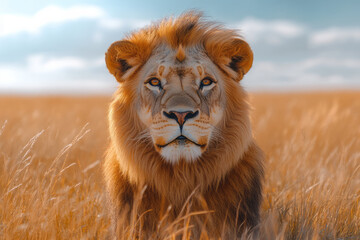 Aufkleber - A majestic lion basking in the sun, surrounded by golden grasses of the savannah,