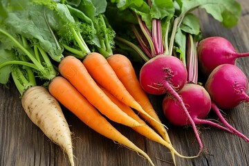 Wall Mural - Freshly Harvested Carrots, Beets, and Parsnip on Wooden Surface