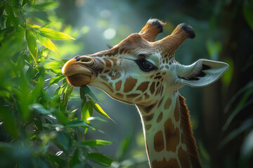 Poster - A graceful giraffe reaching up to munch on acacia leaves, enjoying the abundant foliage,