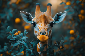 Poster - A graceful giraffe reaching up to munch on acacia leaves, enjoying the abundant foliage,