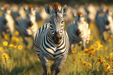 Poster - A herd of zebras galloping across the plains, their stripes creating a mesmerizing pattern,