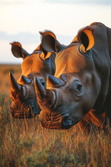 Poster - A pair of rhinos grazing peacefully in the tall grass, their horns glistening in the sunlight,