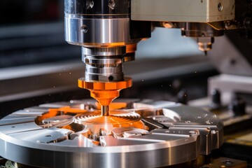 Poster - close up of cnc milling machine sculpting intricate shape in metal with flying sparks